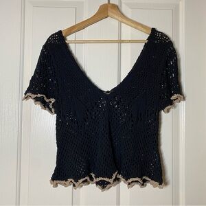 Free People Crochet Short Sleeve Babydoll Shirt Black Size Small S Beachy Boho